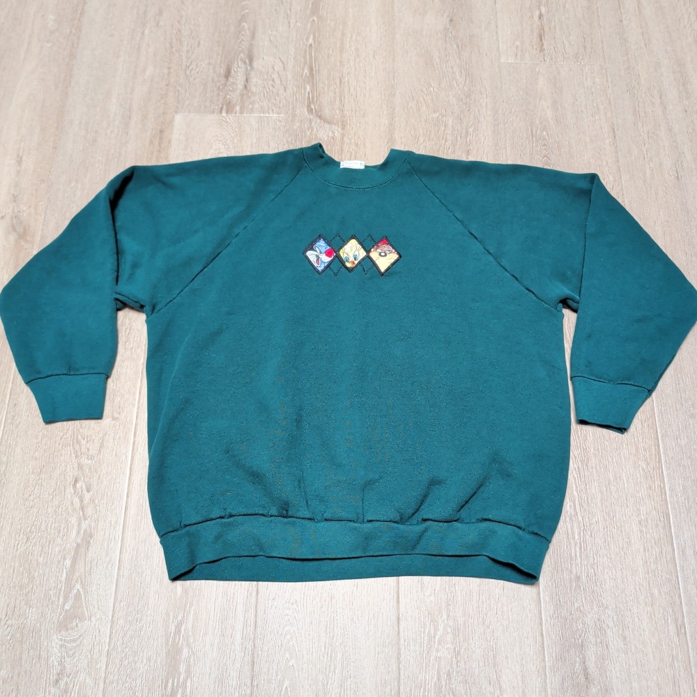Vintage 90s Looney Tunes Sweatshirt Mens XL Green Embroidered Taz Tweety USA